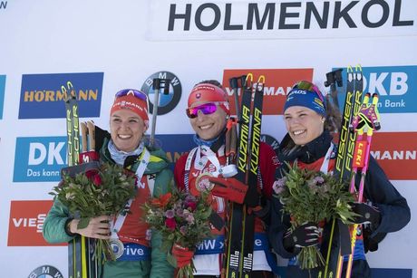NordicFocus 23.03.2019, Oslo, Norway (NOR):Denise Herrmann (GER), Anastasiya Kuzmina (SVK), Hanna Oeberg (SWE), (l-r) - IBU world cup biathlon, pursuit women, Oslo (NOR). www.nordicfocus.com. © Manzoni/NordicFocus. Every downloaded picture is fee-liable.