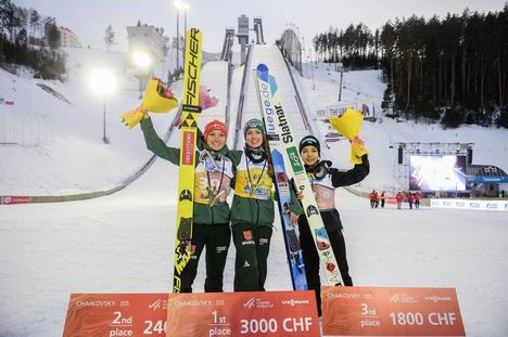 NordicFocus 23.03.2019, Chaikovsky, Russia (RUS):Juliane Seyfarth (GER), Sara Takanashi (JPN), Katharina Althaus (GER) - FIS world cup ski jumping ladies, individual HS102, Chaikovsky (RUS). www.nordicfocus.com. © Tumashov/NordicFocus. Every downloaded picture is f