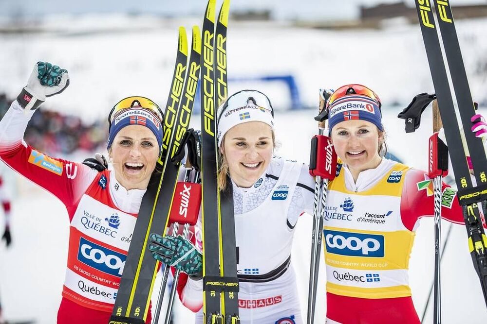 23.03.2019, Quebec, Canada (CAN):Therese Johaug (NOR), Stina Nilsson (SWE), Ingvild Flugstad Oestberg (NOR), (l-r)  - FIS world cup cross-country, mass women, Quebec (CAN). www.nordicfocus.com. © Modica/NordicFocus. Every downloaded picture is fee-liabl