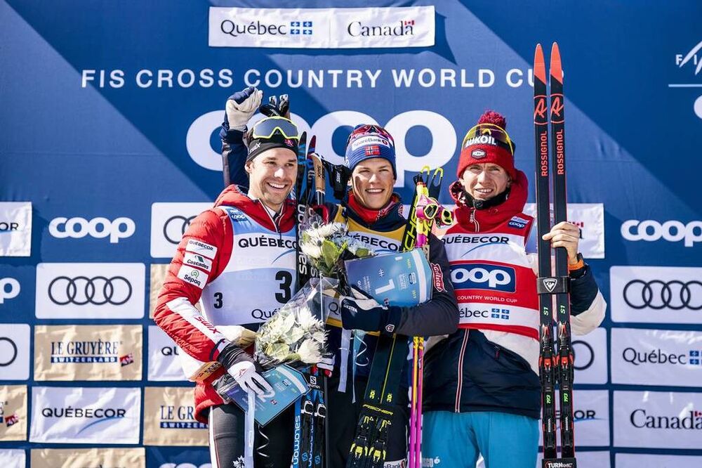 24.03.2019, Quebec, Canada (CAN):Alex Harvey (CAN), Johannes Hoesflot Klaebo (NOR), Alexander Bolshunov (RUS), (l-r) - FIS world cup cross-country, pursuit men, Quebec (CAN). www.nordicfocus.com. © Modica/NordicFocus. Every downloaded picture is fee-lia