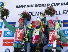 NordicFocus 24.03.2019, Oslo, Norway (NOR):Arnd Peiffer (GER), Johannes Thingnes Boe (NOR), Benedikt Doll (GER), (l-r) - IBU world cup biathlon, mass men, Oslo (NOR). www.nordicfocus.com. © Manzoni/NordicFocus. Every downloaded picture is fee-liable.