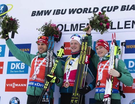 NordicFocus 24.03.2019, Oslo, Norway (NOR):Arnd Peiffer (GER), Johannes Thingnes Boe (NOR), Benedikt Doll (GER), (l-r) - IBU world cup biathlon, mass men, Oslo (NOR). www.nordicfocus.com. © Manzoni/NordicFocus. Every downloaded picture is fee-liable.