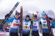 NordicFocus 08.02.2019, Canmore, Canada (CAN):Antonin Guigonnat (FRA), Simon Fourcade (FRA), Quentin Fillon Maillet (FRA), Emilien Jacquelin (FRA), (l-r) - IBU world cup biathlon, relay men, Canmore (CAN). www.nordicfocus.com. © Manzoni/NordicFocus. Every download