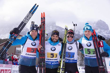 NordicFocus 08.02.2019, Canmore, Canada (CAN):Antonin Guigonnat (FRA), Simon Fourcade (FRA), Quentin Fillon Maillet (FRA), Emilien Jacquelin (FRA), (l-r) - IBU world cup biathlon, relay men, Canmore (CAN). www.nordicfocus.com. © Manzoni/NordicFocus. Every download