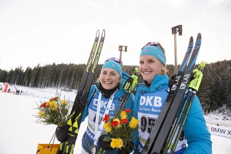 NordicFocus 08.12.2018, Pokljuka, Slovenia (SLO):Justine Braisaz (FRA), Julia Simon (FRA), (l-r) - IBU world cup biathlon, sprint women, Pokljuka (SLO). www.nordicfocus.com. © Manzoni/NordicFocus. Every downloaded picture is fee-liable.