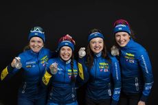 NordicFocus 16.03.2019, Oestersund, Sweden (SWE):Mona Brorsson (SWE), Anna Magnusson (SWE), Linn Persson (SWE), Hanna Oeberg (SWE), (l-r) - IBU world championships biathlon, medals, Oestersund (SWE). www.nordicfocus.com. © Manzoni/NordicFocus. Every downloaded pict