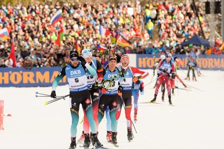 NordicFocus 20.01.2019, Ruhpolding, Germany (GER):Quentin Fillon Maillet (FRA), Vetle Sjaastad Christiansen (NOR), Simon Eder (AUT) - IBU world cup biathlon, mass men, Ruhpolding (GER). www.nordicfocus.com. © Tumashov/NordicFocus. Every downloaded picture is fee-l