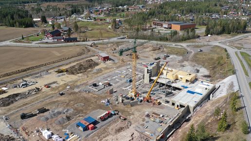 Dronebilde fra byggeplassen for nytt helse- og omsorgssenter Dronebilde fra byggeplassen for nytt helse- og omsorgssenter