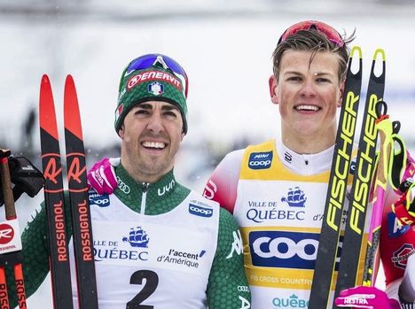 NordicFocus 22.03.2019, Quebec, Canada (CAN):Federico Pellegrino (ITA), Johannes Hoesflot Klaebo (NOR), Sindre Bjoernestad Skar (NOR), (l-r) - FIS world cup cross-country, individual sprint, Quebec (CAN). www.nordicfocus.com. © Modica/NordicFocus. Every downloaded