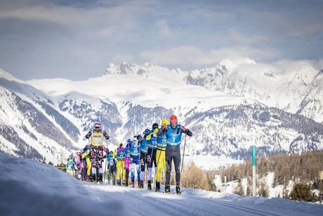 NordicFocus 19.01.2019, St. Moritz, Switzerland (SUI):Tord Asle Gjerdalen (NOR), Petter Eliassen (NOR), Chris Andre Jespersen (NOR), Andreas Holmberg (SWE), Klas Nilsson (SWE), (l-r) - Visma Ski Classics La Diagonela, St. Moritz (SUI). www.nordicfocus.com. © Mod