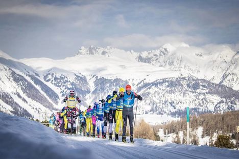 NordicFocus 19.01.2019, St. Moritz, Switzerland (SUI):Tord Asle Gjerdalen (NOR), Petter Eliassen (NOR), Chris Andre Jespersen (NOR), Andreas Holmberg (SWE), Klas Nilsson (SWE), (l-r) - Visma Ski Classics La Diagonela, St. Moritz (SUI). www.nordicfocus.com. © Mod
