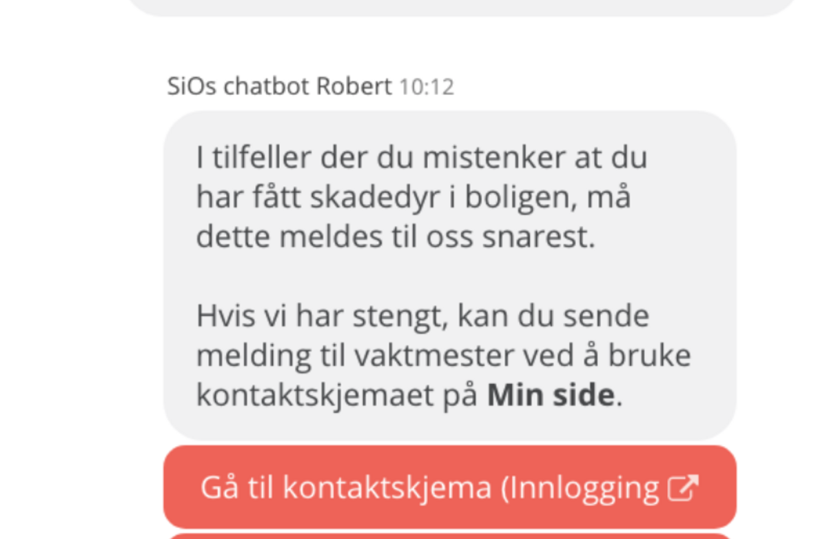 Eksempel på dialog med Sios chatbot Robert.