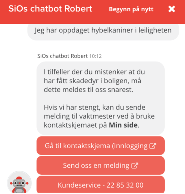 Eksempel på dialog med Sios chatbot Robert.
