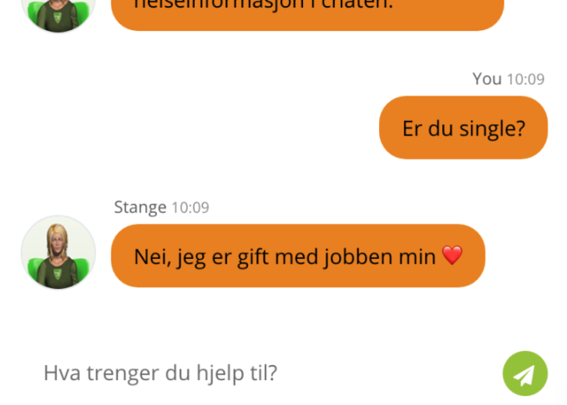 Eksempel på dialog med Chatrine, Stange kommunes chatbot.