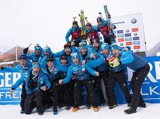 NordicFocus 27.01.2019, Antholz, Italy (ITA):Martin Fourcade (FRA), Quentin Fillon Maillet (FRA), Antonin Guigonnat (FRA), (l-r) - IBU world cup biathlon, mass men, Antholz (ITA). www.nordicfocus.com. © Manzoni/NordicFocus. Every downloaded picture is fee-liable.