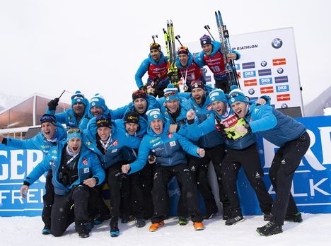 NordicFocus 27.01.2019, Antholz, Italy (ITA):Martin Fourcade (FRA), Quentin Fillon Maillet (FRA), Antonin Guigonnat (FRA), (l-r) - IBU world cup biathlon, mass men, Antholz (ITA). www.nordicfocus.com. © Manzoni/NordicFocus. Every downloaded picture is fee-liable.