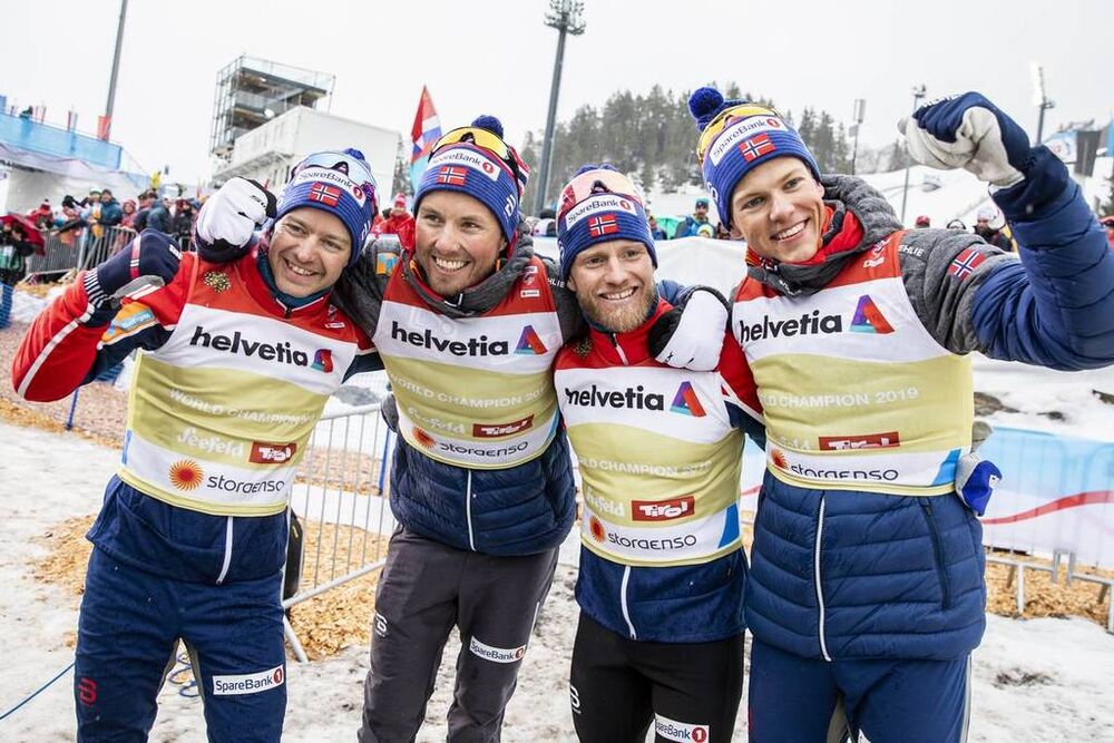 01.03.2019, Seefeld, Austria (AUT):Emil Iversen ((NOR)), Martin Johnsrud Sundby ((NOR)), Sjur Roethe ((NOR)), Johannes Hoesflot Klaebo ((NOR)) - FIS nordic world ski championships, cross-country, 4x10km men, Seefeld (AUT). www.nordicfocus.com. © Modica/