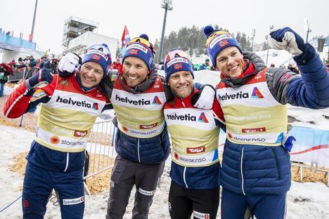 NordicFocus 01.03.2019, Seefeld, Austria (AUT):Emil Iversen ((NOR)), Martin Johnsrud Sundby ((NOR)), Sjur Roethe ((NOR)), Johannes Hoesflot Klaebo ((NOR)) - FIS nordic world ski championships, cross-country, 4x10km men, Seefeld (AUT). www.nordicfocus.com. © Modica/