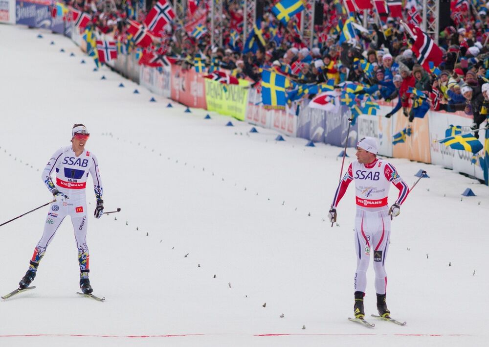 27.02.2015, Falun, Sweden (SWE): Petter Northug (NOR), Calle Halfvarsson (SWE), (l-r) - FIS nordic world ski championships, cross-country, 4x10km men, Falun (SWE). www.nordicfocus.com. © NordicFocus. Every downloaded picture is fee-liable.