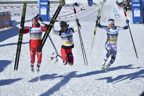 NordicFocus 10.03.2019, Oslo, Norway (NOR):Natalia Nepryaeva (RUS), Therese Johaug (NOR), Ebba Andersson (SWE) - FIS world cup cross-country, mass women, Oslo (NOR). www.nordicfocus.com. © Thibaut/NordicFocus. Every downloaded picture is fee-liable.