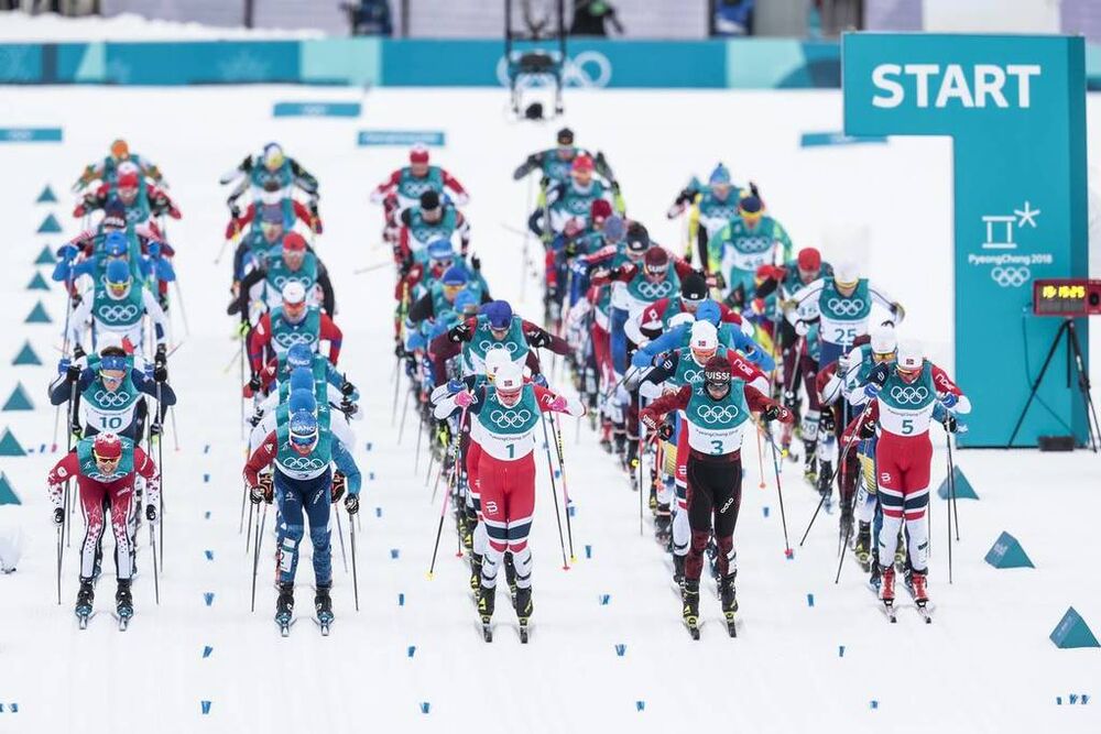 11.02.2018, Pyeongchang, Korea (KOR): Start of the race(l-r)  - XXIII. Olympic Winter Games Pyeongchang 2018, cross-country, skiathlon men, Pyeongchang (KOR). www.nordicfocus.com. © Modica/NordicFocus. Every downloaded picture is fee-liable.