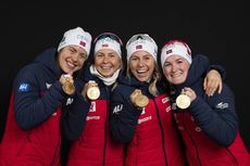 NordicFocus 16.03.2019, Oestersund, Sweden (SWE):Synnoeve Solemdal (NOR), Ingrid Landmark Tandrevold (NOR), Tiril Eckhoff (NOR), Marte Olsbu Roeiseland (NOR), (l-r) - IBU world championships biathlon, medals, Oestersund (SWE). www.nordicfocus.com. © Manzoni/NordicF