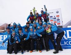 NordicFocus 27.01.2019, Antholz, Italy (ITA):Martin Fourcade (FRA), Quentin Fillon Maillet (FRA), Antonin Guigonnat (FRA), (l-r) - IBU world cup biathlon, mass men, Antholz (ITA). www.nordicfocus.com. © Manzoni/NordicFocus. Every downloaded picture is fee-liable.