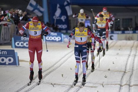 NordicFocus 24.11.2018, Ruka, Finland (FIN):Alexander Bolshunov (RUS), Johannes Hoesflot Klaebo (NOR), (l-r) - FIS world cup cross-country, individual sprint, Ruka (FIN). www.nordicfocus.com. © Modica/NordicFocus. Every downloaded picture is fee-liable.