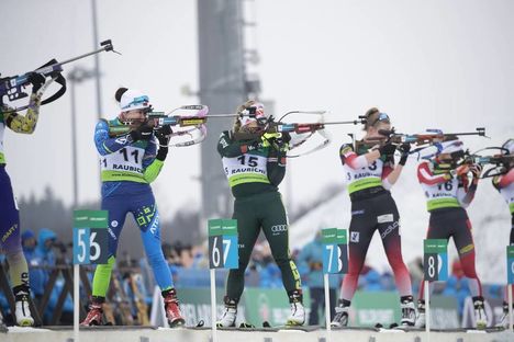NordicFocus 24.02.2019, Minsk-Raubichi, Belarus (BLR):Iryna Kryuko (BLR), Nadine Horchler (GER), (l-r) - IBU Open European championships biathlon, pursuit women, Minsk-Raubichi (BLR). www.nordicfocus.com. © Manzoni/NordicFocus. Every downloaded picture is fee-liabl