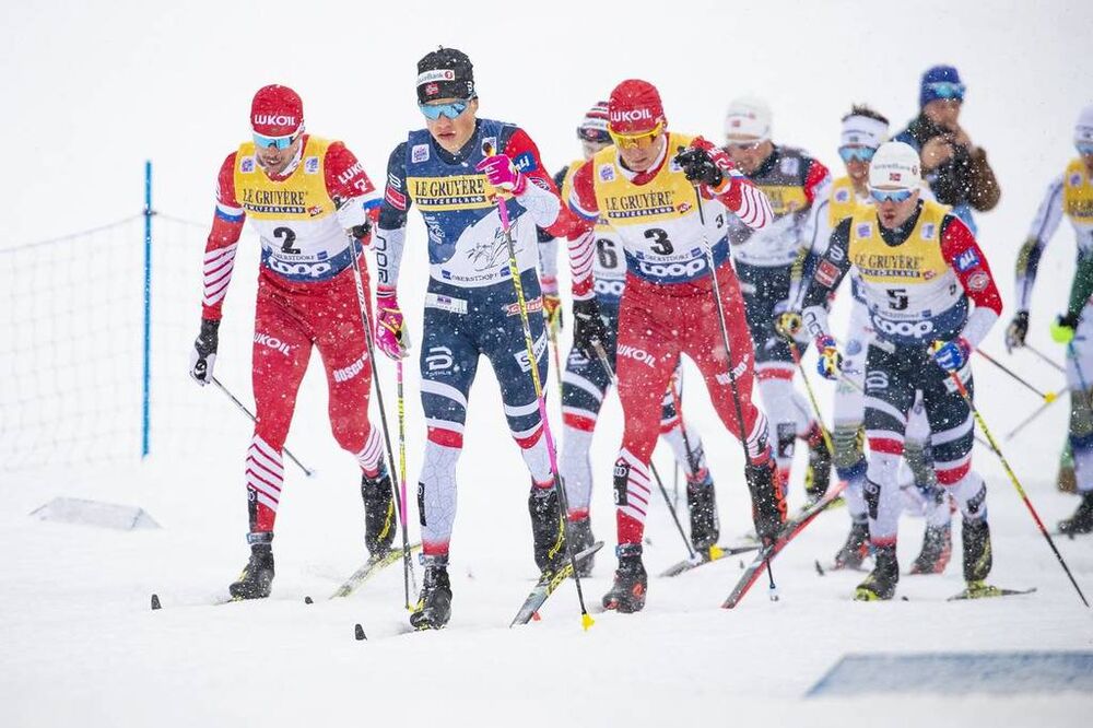 02.01.2019, Oberstdorf, Germany (GER):Johannes Hoesflot Klaebo (NOR), Sergey Ustiugov (RUS), Alexander Bolshunov (RUS), (l-r)  - FIS world cup cross-country, tour de ski, mass men, Oberstdorf (GER). www.nordicfocus.com. © Modica/NordicFocus. Every downl