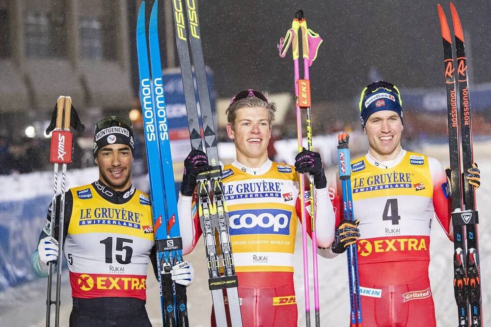 29.11.2019, Ruka, Finland (FIN):Richard Jouve (FRA), Johannes Hoesflot Klaebo (NOR), Paal Golberg (NOR), (l-r)  - FIS world cup cross-country, individual sprint, Ruka (FIN). www.nordicfocus.com. © Modica/NordicFocus. Every downloaded picture is fee-liab