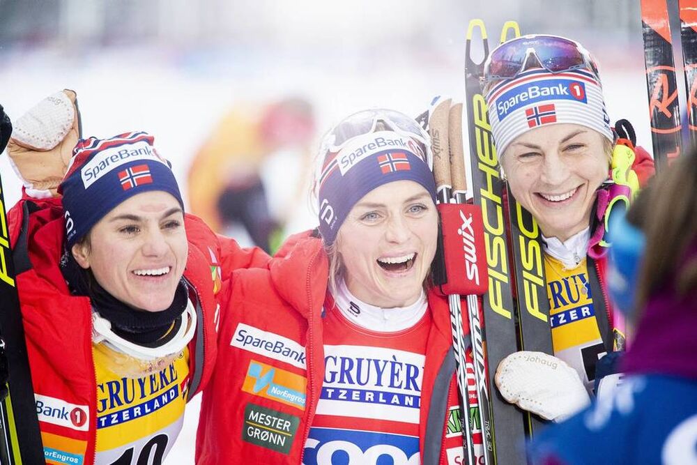 01.12.2019, Ruka, Finland (FIN):Heidi Weng (NOR), Therese Johaug (NOR), Astrid Uhrenholdt Jacobsen (NOR), (l-r) - FIS world cup cross-country, pursuit women, Ruka (FIN). www.nordicfocus.com. © Modica/NordicFocus. Every downloaded picture is fee-liable.