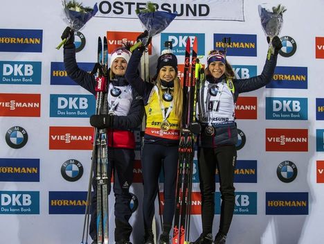 NordicFocus 01.12.2019, Oestersund, Sweden, (SWE):Marte Olsbu Roeiseland (NOR), Dorothea Wierer (ITA), Marketa Davidova (CZE) - IBU world cup biathlon, sprint women, Oestersund (SWE). www.nordicfocus.com. © Nico Manzoni/NordicFocus. Every downloaded picture is fee-
