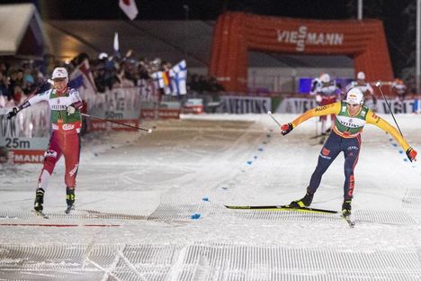 NordicFocus 30.11.2019, Ruka, Finland (FIN):Jens Luraas Oftebro (NOR), Vinzenz Geiger (GER), (l-r) - FIS world cup nordic combined, individual gundersen HS142/10km, Ruka (FIN). www.nordicfocus.com. © Modica/NordicFocus. Every downloaded picture is fee-liable.