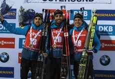 NordicFocus 04.12.2019, Oestersund, Sweden, (SWE):Simon Desthieux (FRA), Martin Fourcade (FRA), Quentin Fillon Maillet (FRA) - IBU world cup biathlon, individual men, Oestersund (SWE). www.nordicfocus.com. © Nico Manzoni/NordicFocus. Every downloaded picture is fee
