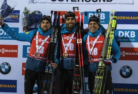 NordicFocus 04.12.2019, Oestersund, Sweden, (SWE):Simon Desthieux (FRA), Martin Fourcade (FRA), Quentin Fillon Maillet (FRA) - IBU world cup biathlon, individual men, Oestersund (SWE). www.nordicfocus.com. © Nico Manzoni/NordicFocus. Every downloaded picture is fee