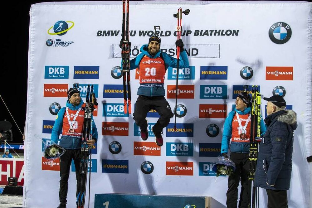04.12.2019, Oestersund, Sweden, (SWE):Simon Desthieux (FRA), Martin Fourcade (FRA), Quentin Fillon Maillet (FRA) - IBU world cup biathlon, individual men, Oestersund (SWE). www.nordicfocus.com. © Nico Manzoni/NordicFocus. Every downloaded picture is fee