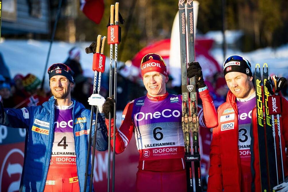 07.12.2019, Lillehammer, Norway (NOR):Hans Christer Holund (NOR), Alexander Bolshunov (RUS), Emil Iversen (NOR), (l-r)  - FIS world cup cross-country, skiathlon men, Lillehammer (NOR). www.nordicfocus.com. © Modica/NordicFocus. Every downloaded picture