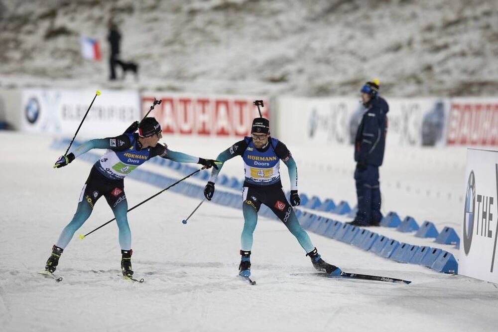 07.12.2019, Oestersund, Sweden, (SWE):Quentin Fillon Maillet (FRA), Simon Desthieux (FRA), (l-r) - IBU world cup biathlon, relay men, Oestersund (SWE). www.nordicfocus.com. © Manzoni/NordicFocus. Every downloaded picture is fee-liable.
