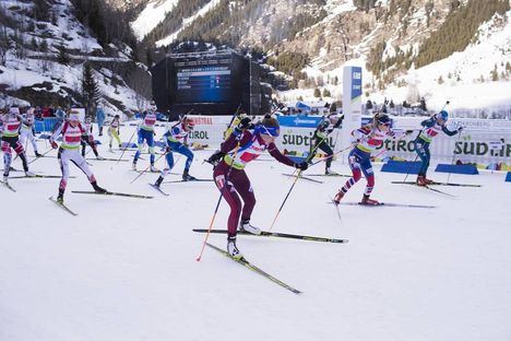 NordicFocus 28.01.2018, Ridnaun, Italy (ITA):Victoria Slivko (RUS), Emilie Aagheim Kalkenberg (NOR), Yuliia Zhuravok (UKR), Emiliya Yordanova (BUL), Veronika Zvaricova (CZE), Nadine Horchler (GER), (l-r) - IBU Open European championships biathlon, relay mixed, Ridna