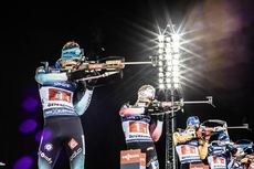 NordicFocus 07.12.2019, Oestersund, Sweden, (SWE):Emilien Jacquelin (FRA), Johannes Dale (NOR), Erik Lesser (GER), (l-r) - IBU world cup biathlon, relay men, Oestersund (SWE). www.nordicfocus.com. © Manzoni/NordicFocus. Every downloaded picture is fee-liable.