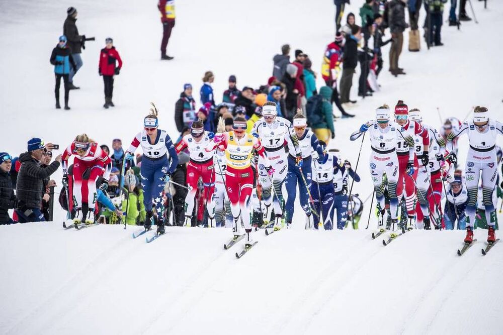 23.03.2019, Quebec, Canada (CAN):Therese Johaug (NOR), Jessica Diggins (USA), Stina Nilsson (SWE), Frida Karlsson (SWE), Evelina Settlin (SWE), Maiken Caspersen Falla (NOR), (l-r)  - FIS world cup cross-country, mass women, Quebec (CAN). www.nordicfocus.
