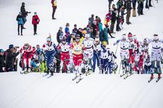 NordicFocus 23.03.2019, Quebec, Canada (CAN):Therese Johaug (NOR), Jessica Diggins (USA), Stina Nilsson (SWE), Frida Karlsson (SWE), Evelina Settlin (SWE), Maiken Caspersen Falla (NOR), (l-r) - FIS world cup cross-country, mass women, Quebec (CAN). www.nordicfocus.