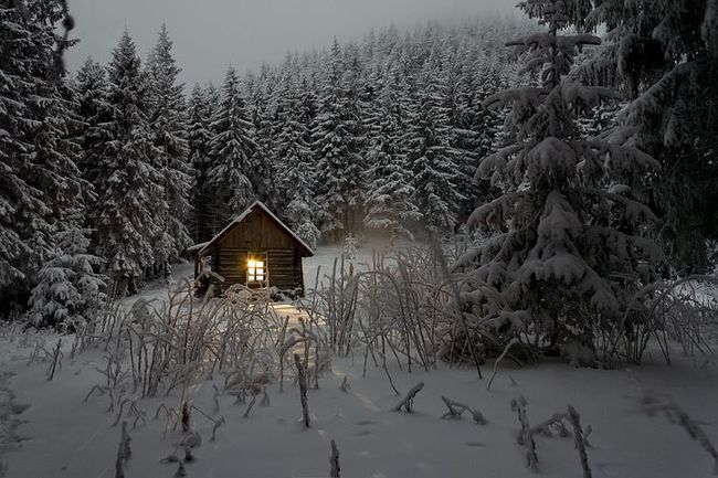 hytte i vinterlandskap