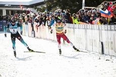 NordicFocus 14.12.2019, Davos, Switzerland (SUI):Lucas Chanavat (FRA), Johannes Hoesflot Klaebo (NOR), (l-r) - FIS world cup cross-country, individual sprint, Davos (SUI). www.nordicfocus.com. © Modica/NordicFocus. Every downloaded picture is fee-liable.