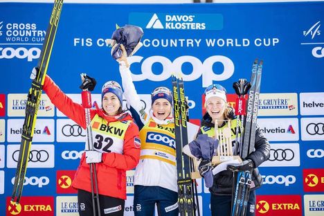 NordicFocus 15.12.2019, Davos, Switzerland (SUI):Heidi Weng (NOR), Therese Johaug (NOR), Jessica Diggins (USA), (l-r) - FIS world cup cross-country, 10km women, Davos (SUI). www.nordicfocus.com. © Modica/NordicFocus. Every downloaded picture is fee-liable.