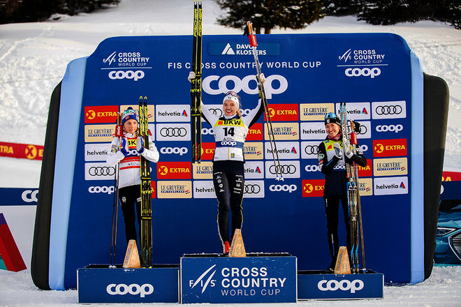14.12.2019, Davos, Switzerland (SUI):Maiken Caspersen Falla (NOR), Linn Svahn (SWE), Sophie Caldwell (USA), (l-r)  - FIS world cup cross-country, individual sprint, Davos (SUI). www.nordicfocus.com. © Modica/NordicFocus. Every downloaded picture is fee-