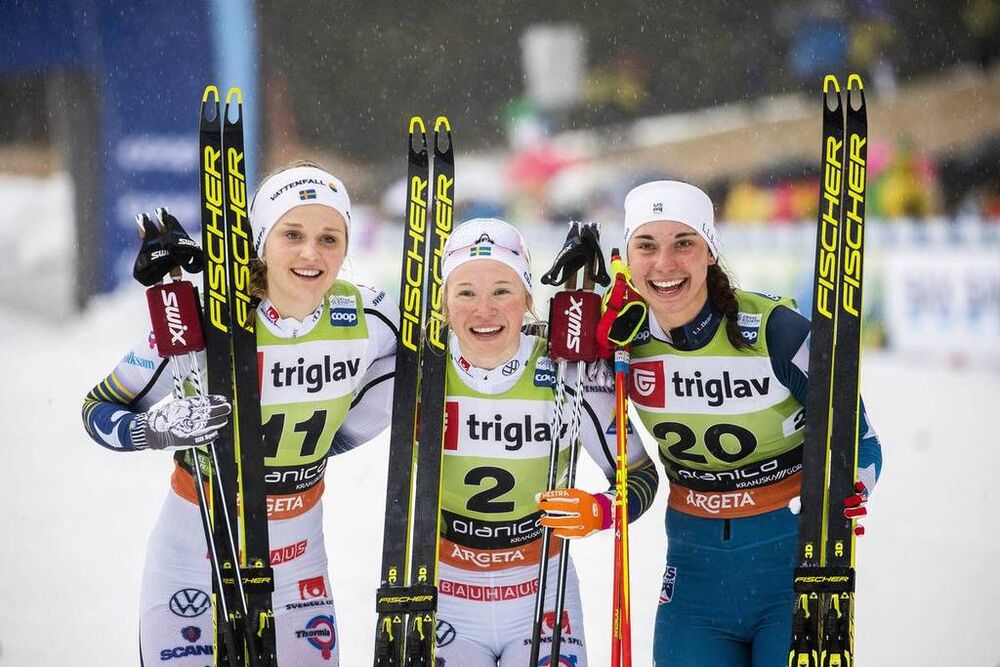 21.12.2019, Planica, Slovenia (SLO):Stina Nilsson (SWE), Jonna Sundling (SWE), Julia Kern (USA), (l-r) - FIS world cup cross-country, individual sprint, Planica (SLO). www.nordicfocus.com. © Modica/NordicFocus. Every downloaded picture is fee-liable.