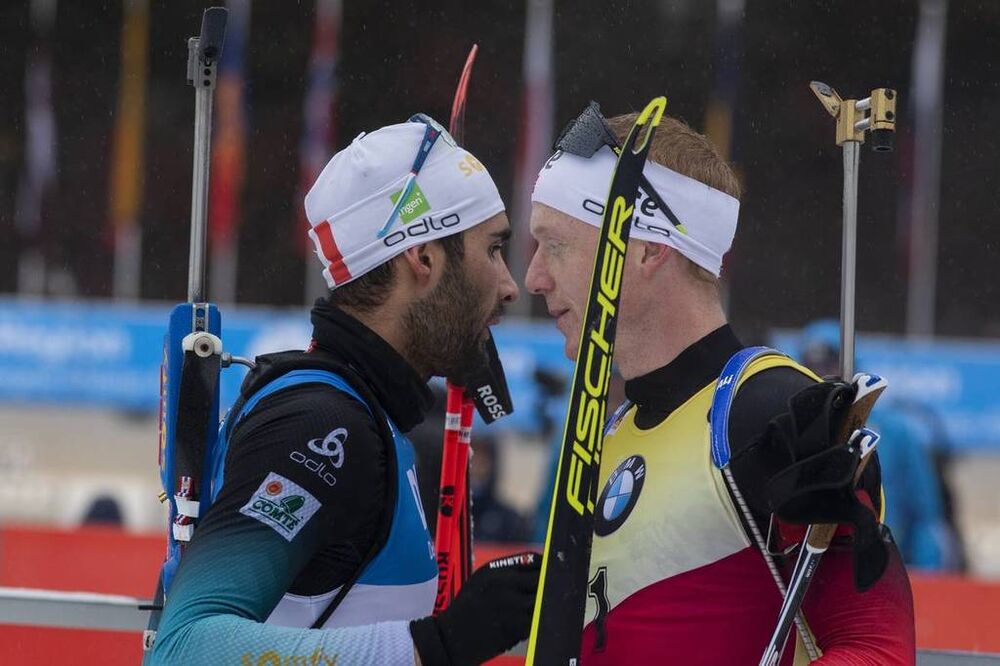 22.12.2019, Annecy-Le Grand Bornand, France (FRA):Martin Fourcade (FRA), Johannes Thingnes Boe (NOR), (l-r) -  IBU world cup biathlon, mass men, Annecy-Le Grand Bornand (FRA). www.nordicfocus.com. © Manzoni/NordicFocus. Every downloaded picture is fee-l