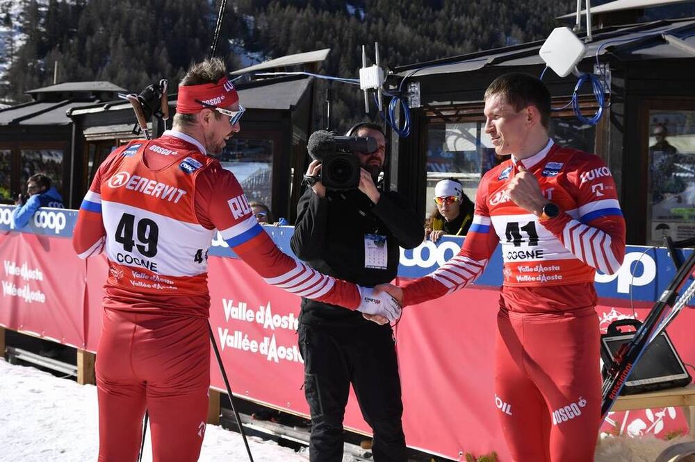 17.02.2019, Cogne, Italy (ITA):Sergey Ustiugov (RUS), Alexander Bolshunov (RUS) - FIS world cup cross-country, 15km men, Cogne (ITA). www.nordicfocus.com. © Thibaut/NordicFocus. Every downloaded picture is fee-liable.